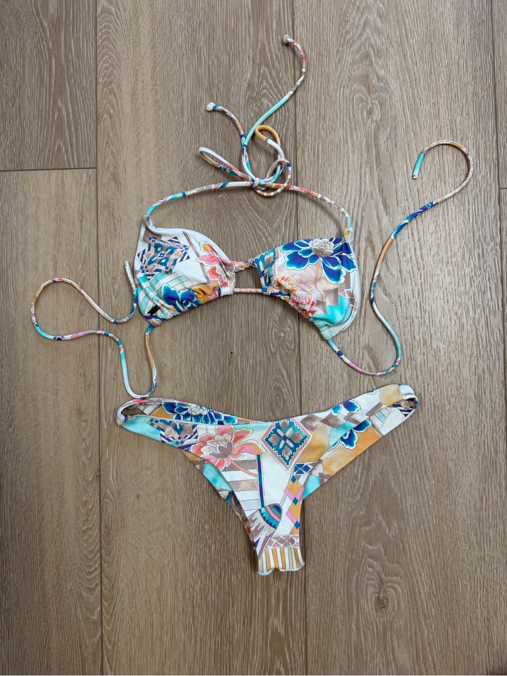 O'Neill Floral Multi-Color String Bikini - Blue, Teal, Yellow, Pink